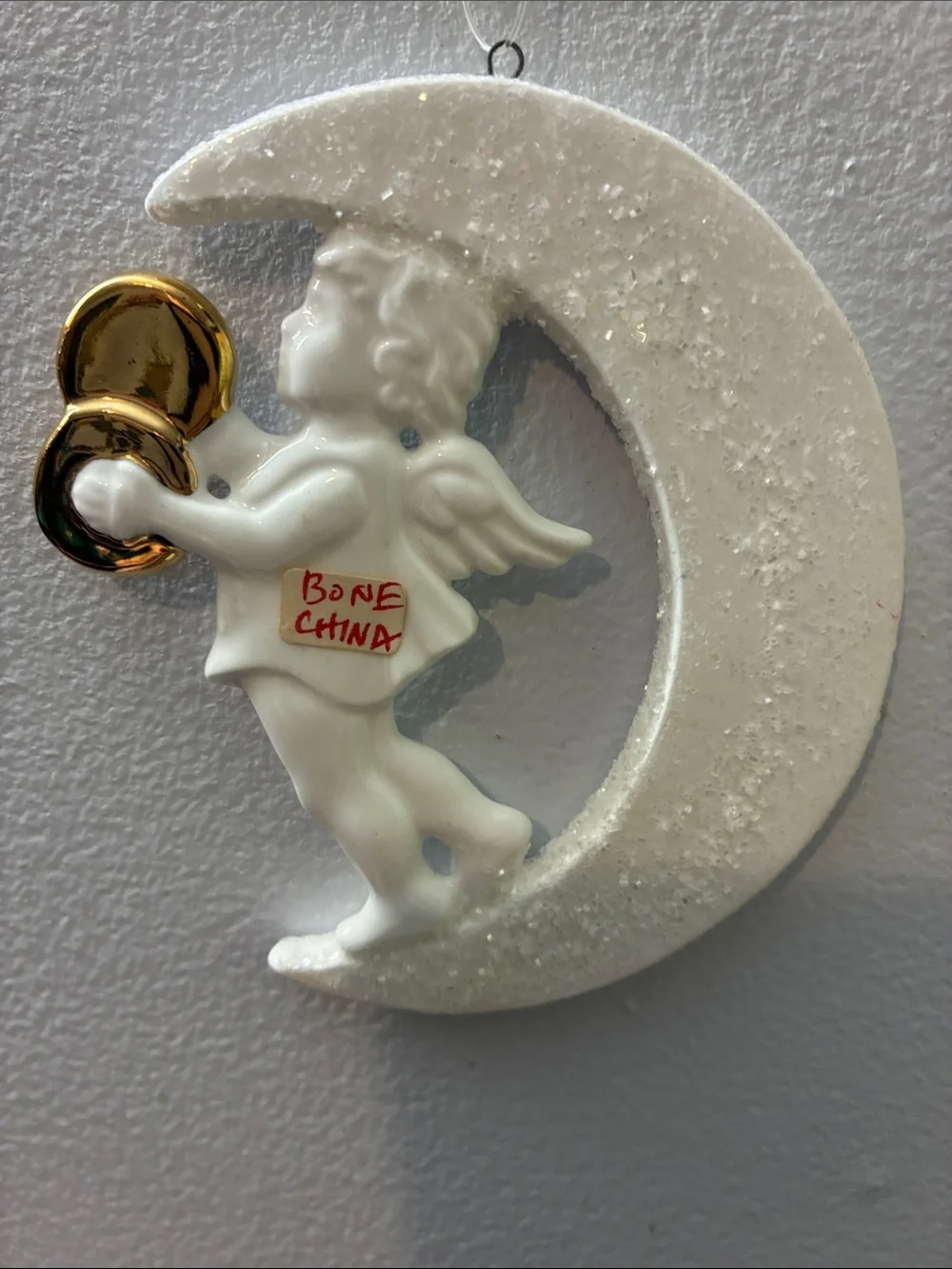 White Angel on Crescent Moon Wall Hanging with Gold Cymbols